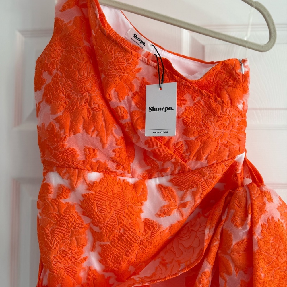 NWT Showpo Brailey One Shoulder Mini Wrap Front Dress Orange Jacquard 6 - Picture 6 of 11
